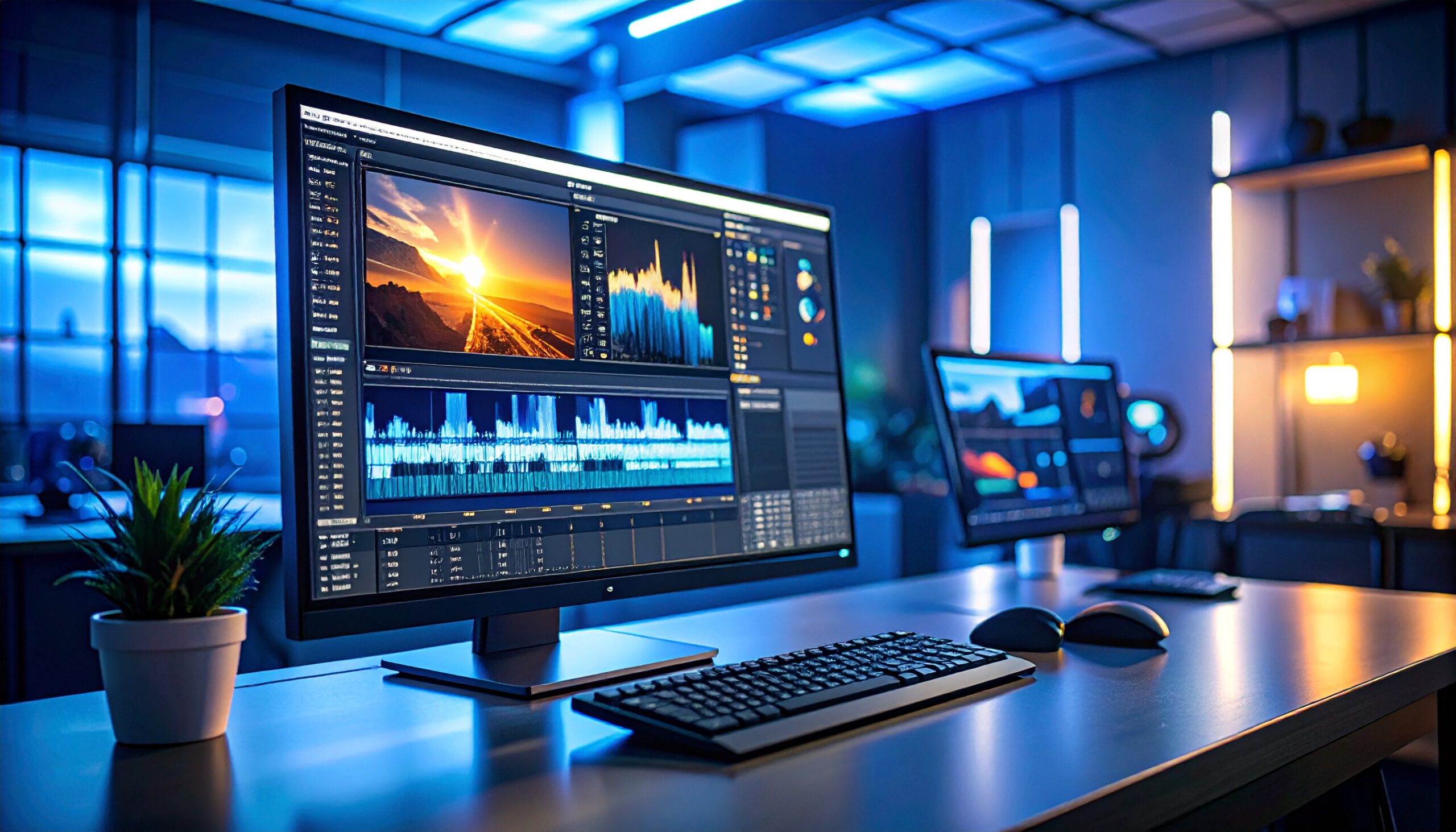 firefly dark studio setup with a large monitor displaying color grading curves and photo edit 443951 (1)